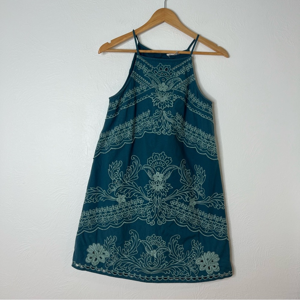 Anthropologie Floreat Swing Mini Dress Embroidered Linen Blend Teal Size 2